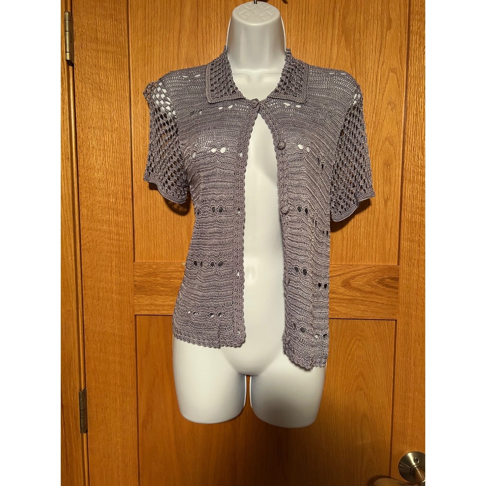 Vintage 90s Silver Crochet Hand Knit Button Up Cardigan Whimsigoth Top Small